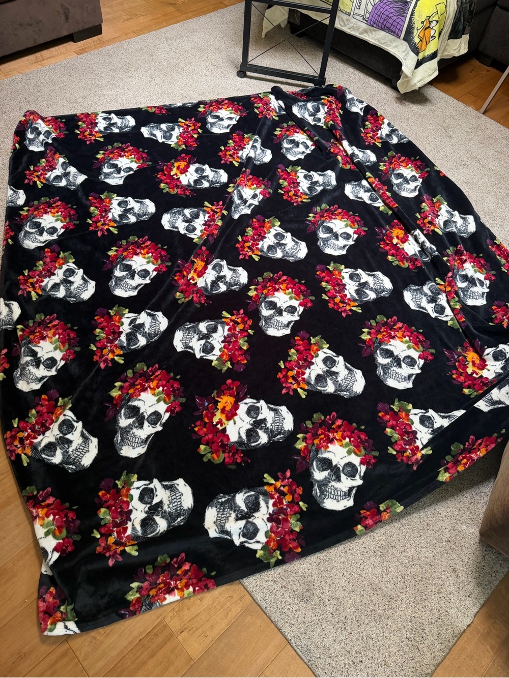 Curious New York Sugar Skull Floral Black Large Throw Blanket